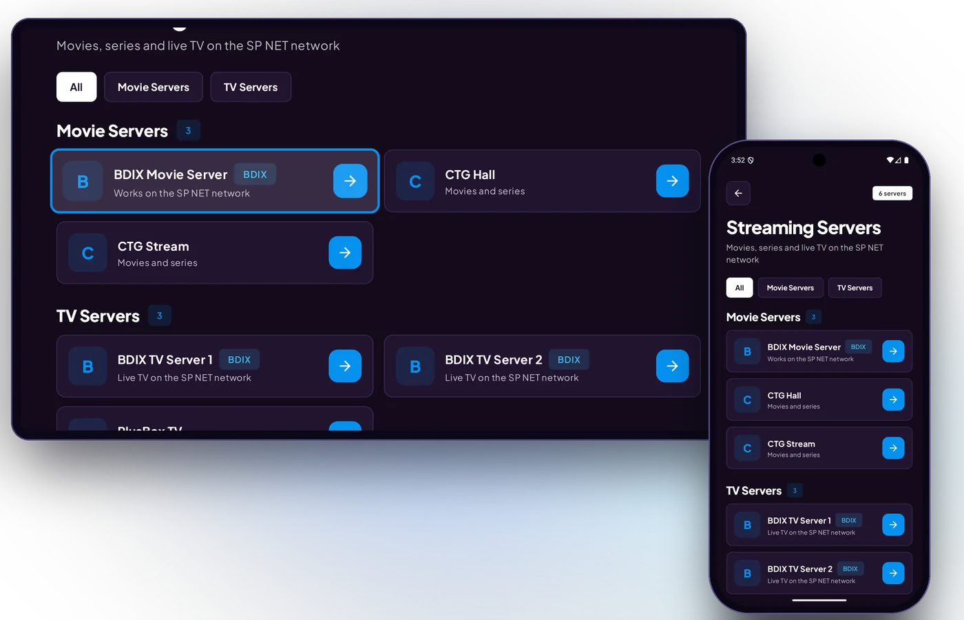 Streaming Servers screen in the SP NET app on a TV and a phone
